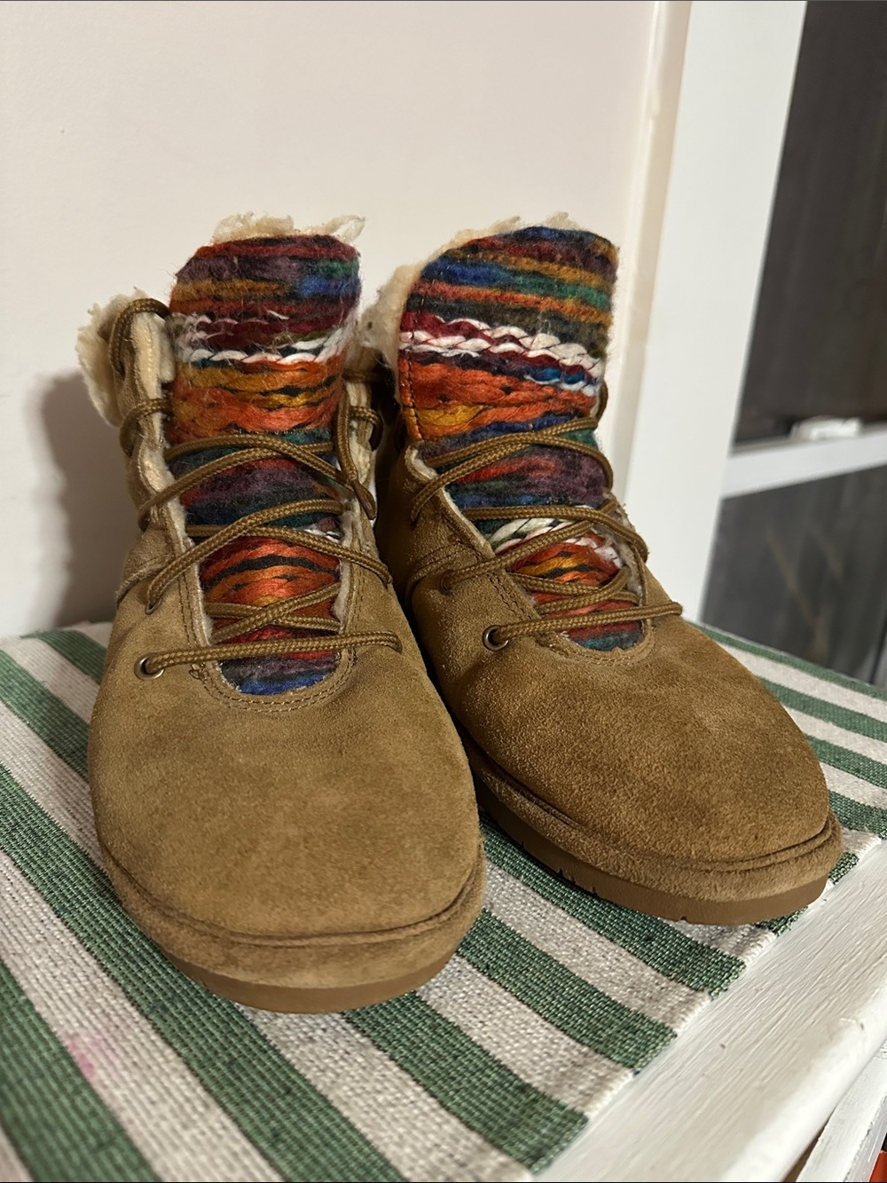 BearPaw Tan Suede Ankle Boots with Multicolor Knit Tongue